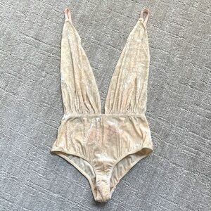 New We are HAH Free People Cream Velour Sexy Deep Plunge Bodysuit NWT Women XS